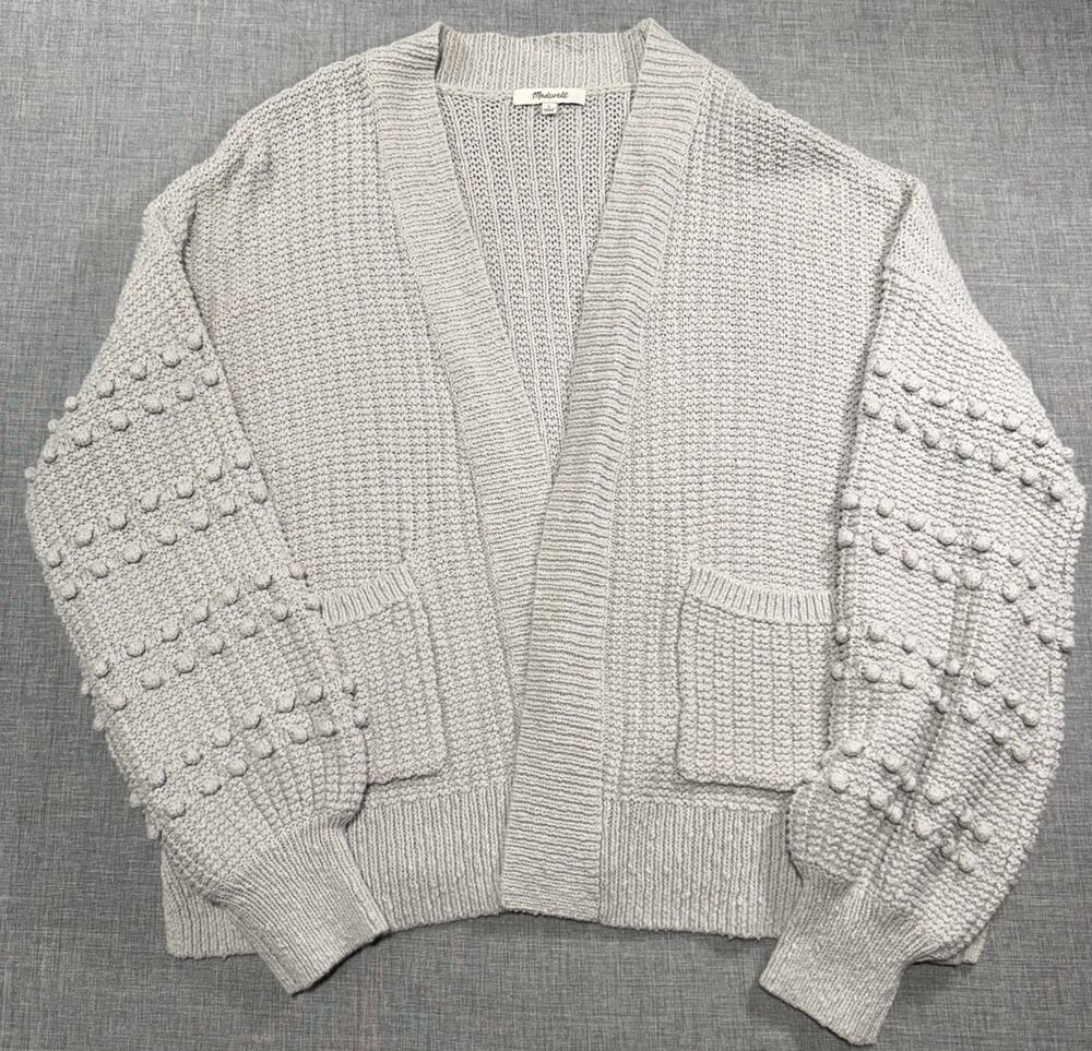 Madewell Bobble Cardigan Sweater Large Gray Pom Pom Balloon Sleeve Knit Cotton